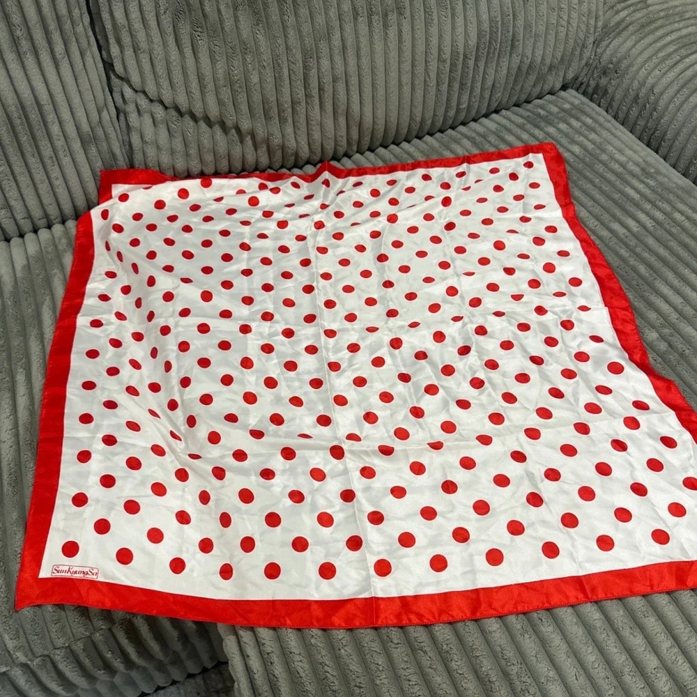 SunKyungSa Red White Polka Dot Square Scarf Satin Feel 34x34 Retro Accessory